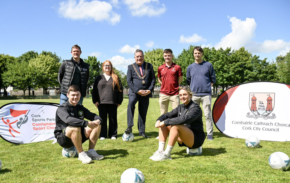  Pictured with the Lord Mayor of Cork, councillor Dan Boyle were (front) soccer coaches Ronan Murphy and Heidi O'Sullivan along with, (back from left) James Kirby Cork Sports Partnership; Laura Coady, sports development officer, Cork City Council; Lee Moore, assistant sports development officer, Cork City Council and Cathal Geraghty, Cork ETB Youth Service. Picture: Brian Lougheed.
