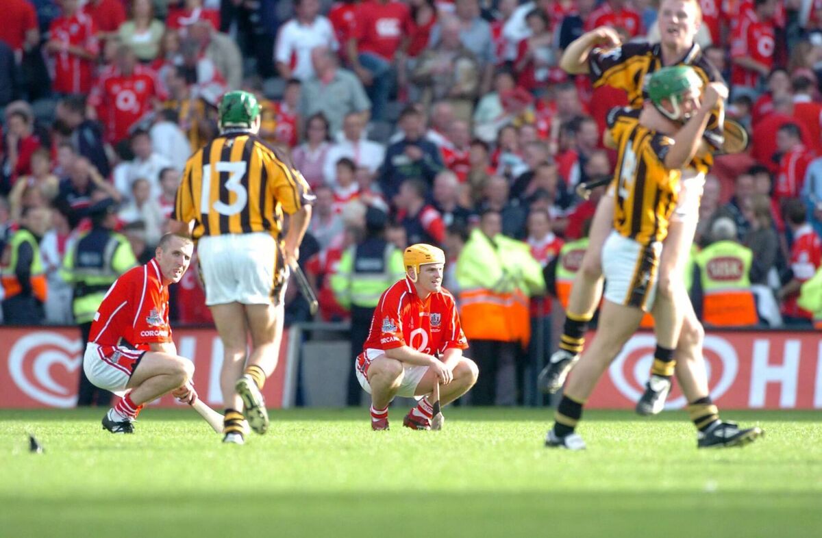 Cork's Ben O'Connor and Joe Deane look on as Kilkenny players celebrate their 2006 All-Ireland SHC final win over Cork. Picture: Eddie O'Hare