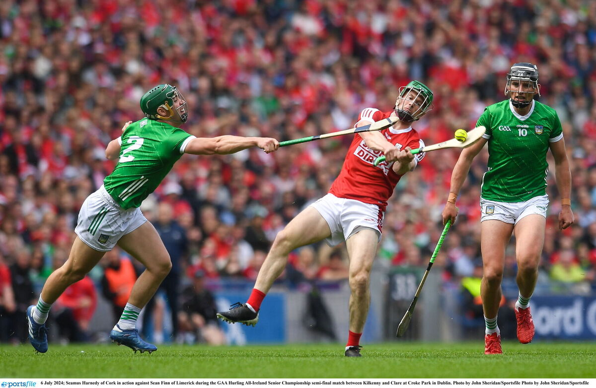 Seamus Harnedy of Cork in action against Sean Finn of Limerick during the GAA Hurling All-Ireland Senior Championship semi-finalat Croke Park in Dublin. Picture: John Sheridan/Sportsfile