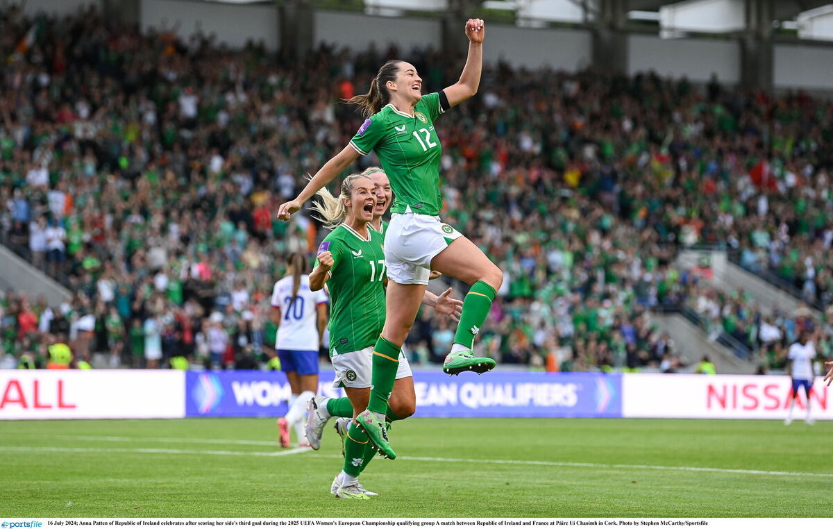 Anna Patten of Republic of Ireland celebrates after scoring her side's third goal during the 2025 UEFA Women's European Championship qualifying group A match between Republic of Ireland and France at Páirc Uí Chaoimh in Cork. Photo by Stephen McCarthy/Sportsfile