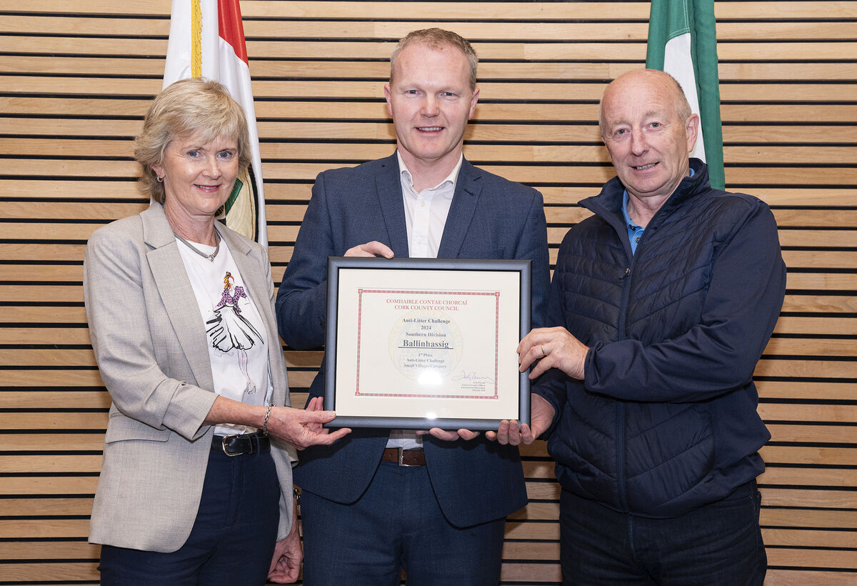 Denis McCarthy and Clare Callanan of Ballinhassig Village Association, winner of the Small Villages category in the Southern Division, with Cllr. Seamus McGrath, Chair of the Southern Division.