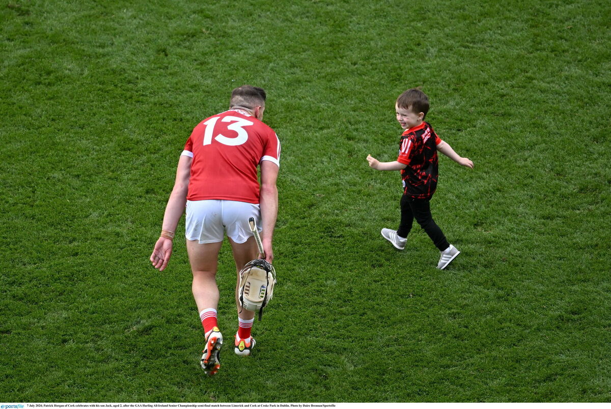 Patrick Horgan celebrates with his son Jack, aged two, after Cork's win over Limerick. Picture: Daire Brennan/Sportsfile
