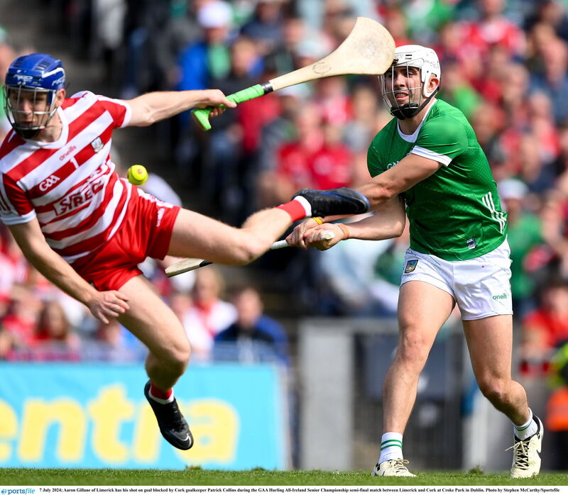 Aaron Gillane of Limerick has his shot on goal blocked by Cork goalkeeper Patrick Collins. Picture: Stephen McCarthy/Sportsfile Aaron Gillane of Limerick has his shot on goal blocked by Cork goalkeeper Patrick Collins. Picture: Stephen McCarthy/Sportsfile
