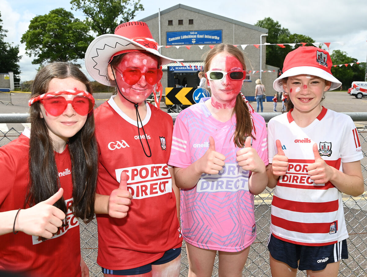 Inniscarra GAA club members Aisling Barrett, Erin O'Leary, Sheolamae Harrington and Mary Kate Desmond all dressed up at the end of the cúl camp as they wish club player and Cork captain Sean O'Donoghue all the best in this Sunday's All-Ireland senior hurling against Clare. Picture: Eddie O'Hare