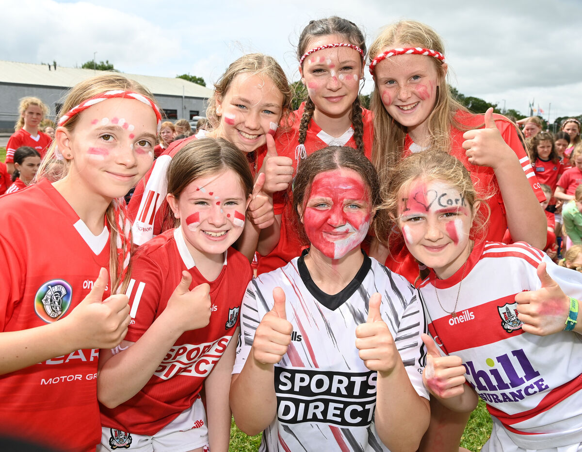 Inniscarra GAA club under age camogie coach Molly Murphy, (home of Cork captain Sean O'Donoghue) with Keelin O'Farrell,Lauren Barry, Millie Michelsen, Sophie Dempsey and Kate O'Halloran all dressed up at the end of the cúl camp for the Cork team in this Sunday's All-Ireland senior hurling against Clare. Picture: Eddie O'Hare