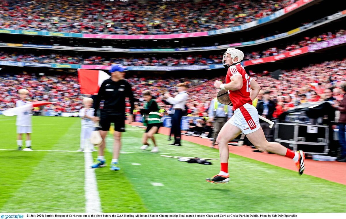 Patrick Horgan of Cork runs out to the pitch before the GAA Hurling All-Ireland Senior Championship Final match between Clare and Cork at Croke Park in Dublin. Photo by Seb Daly/Sportsfile