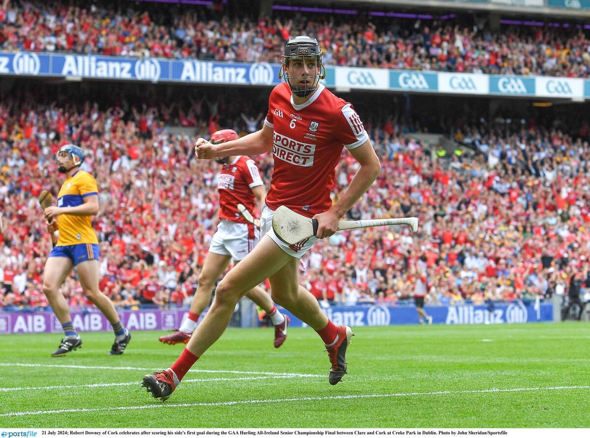 Robert Downey of Cork celebrates after scoring his side's first goal during the GAA Hurling All-Ireland Senior Championship Final between Clare and Cork at Croke Park in Dublin. Photo by John Sheridan/Sportsfile