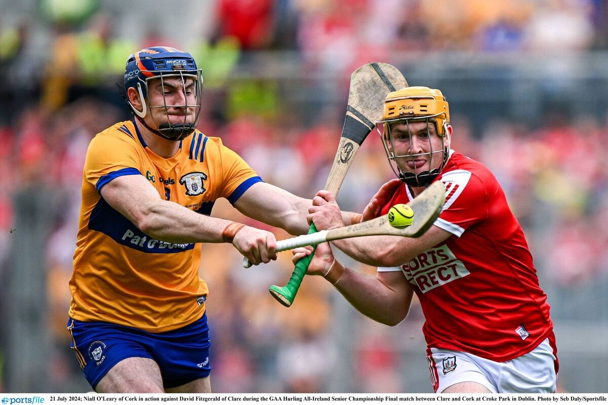 Niall O'Leary of Cork in action against David Fitzgerald of Clare during the GAA Hurling All-Ireland Senior Championship Final match between Clare and Cork at Croke Park in Dublin. Photo by Seb Daly/Sportsfile