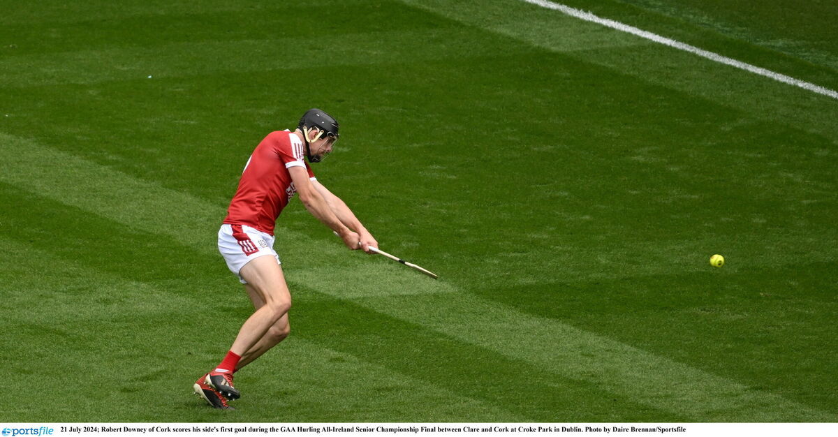 Robert Downey scores Cork's first-half goal. Picture: Daire Brennan/Sportsfile Robert Downey scores Cork's first-half goal. Picture: Daire Brennan/Sportsfile