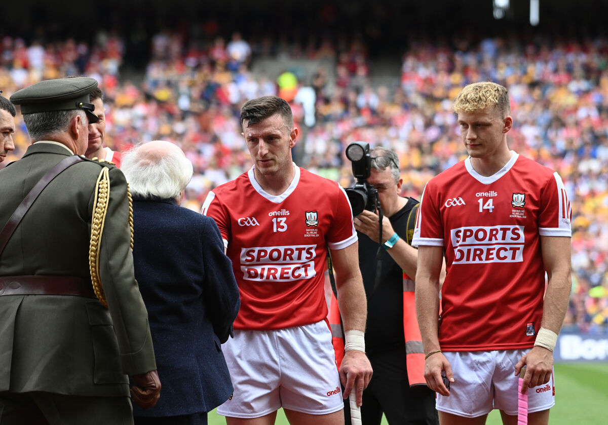  Patrick Horgan and Alan Connolly meet President Michael D Higgin before the loss to Clare at Croke Park. Picture: Larry Cummins