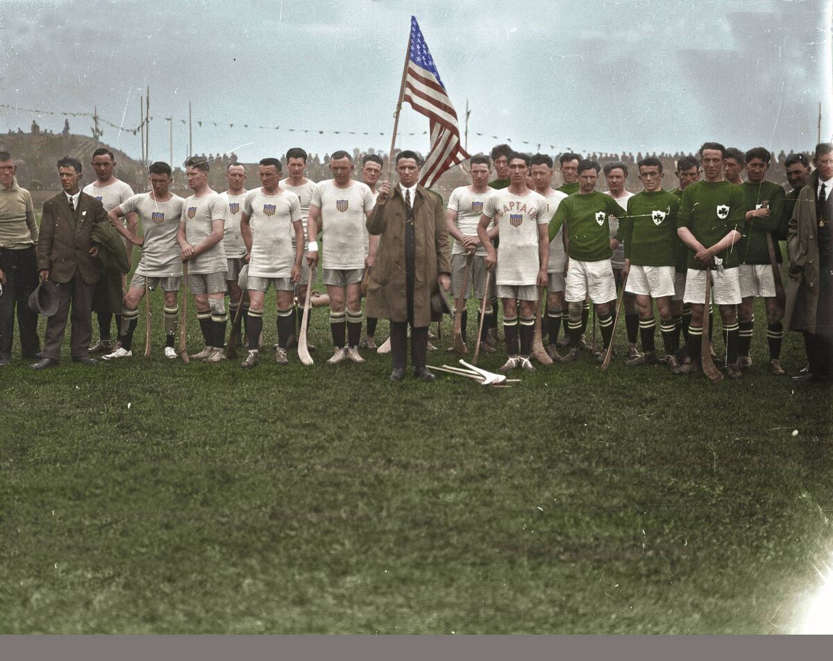 HEAD TO HEAD: Players line up before the Ireland v U.S hurling match at Croke Park in the 1924 Tailteann Games