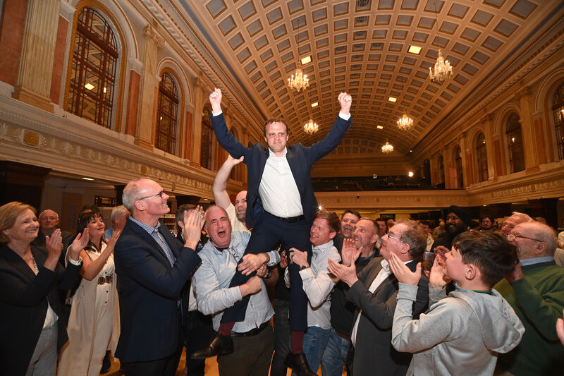  Shane O'Callaghan, Fine Gael is lifted by supporters in celebration as his election is announced at Cork City Hall earlier this year. Pic Larry Cummins