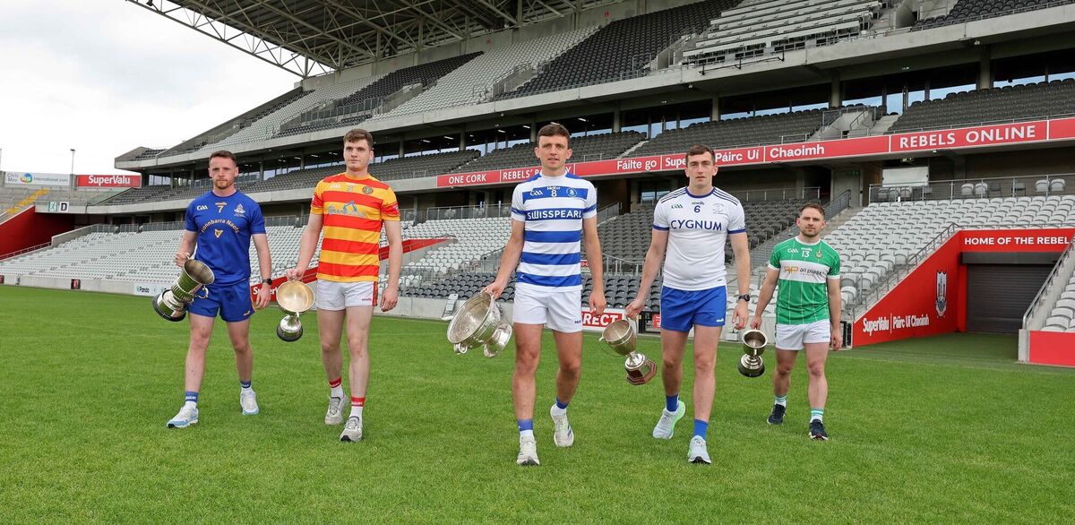 Pictured are, Dylan Byrne, St. Finbarrs, David Buckley, Newcestown, Mark Collins, Castlehaven, Sean O Fórréidh, Cill Na Martra, and John Corkery, Aghabullogue, at the McCarthy Insurance Group 2024 Cork Club Football Championship launch, at SuperValu Pairc Ui Chaoimh, Cork. Picture: Jim Coughlan.