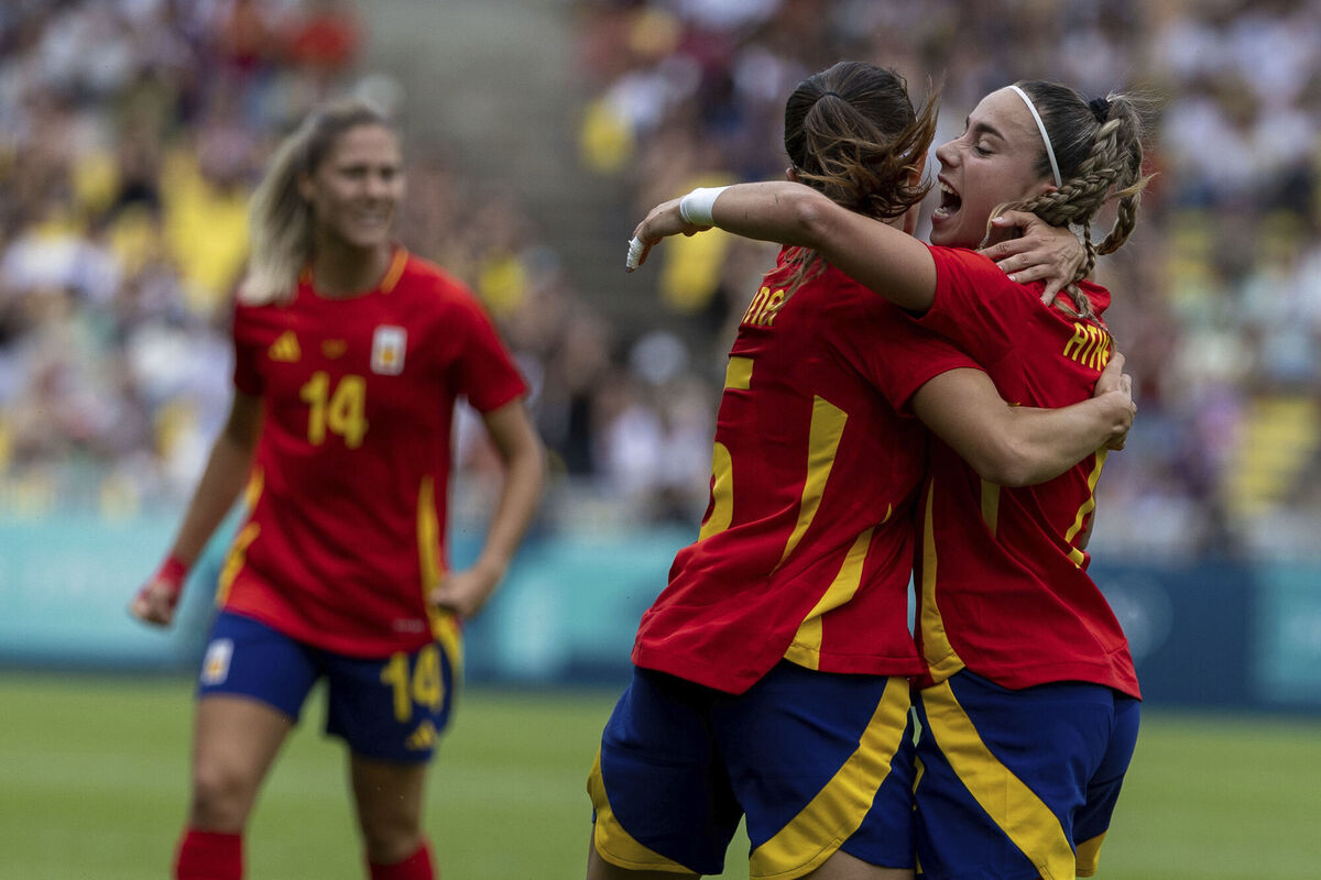 Spain's Aitana Bonmati celebrates with her teammate Spain's Athenea del Castillo after scoring a goal, during the women's Group C match against Japan, at La Beaujoire Stadium, during the 2024 Summer Olympics, Thursday, July 25, 2024, in Nantes, France. Picture: AP Photo/Jeremias Gonzalez Spain's Aitana Bonmati celebrates with her teammate Spain's Athenea del Castillo after scoring a goal, during the women's Group C match against Japan, at La Beaujoire Stadium, during the 2024 Summer Olympics, Thursday, July 25, 2024, in Nantes, France. Picture: AP Photo/Jeremias Gonzalez