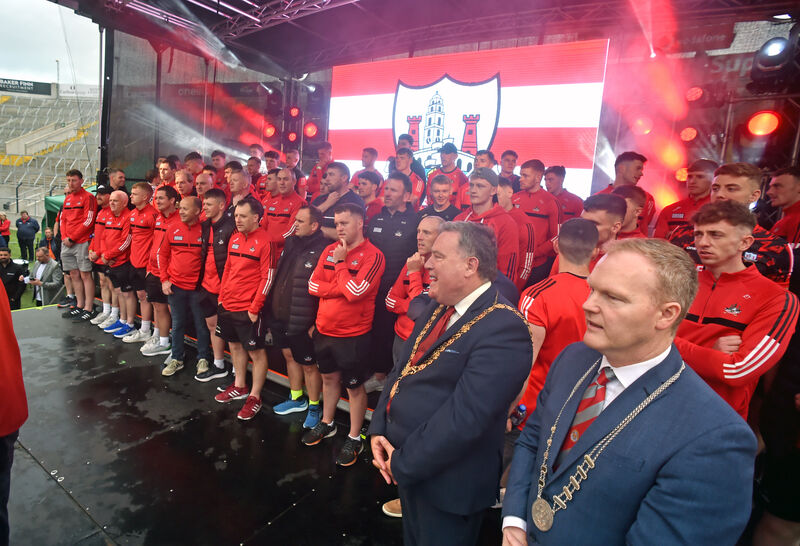 Members of the team and backroom staff at the homecoming for the Cork senior hurling All Ireland finalists with the Lord Mayor Cllr Dan Boyle and Cllr Seamus McGrath, deputy county mayor at SuperValu Pairc Ui Chaoimh. Picture: Eddie O'Hare Members of the team and backroom staff at the homecoming for the Cork senior hurling All Ireland finalists with the Lord Mayor Cllr Dan Boyle and Cllr Seamus McGrath, deputy county mayor at SuperValu Pairc Ui Chaoimh. Picture: Eddie O'Hare