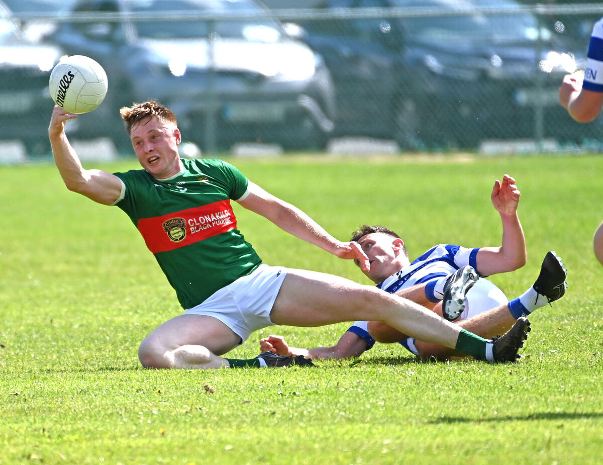 Clonakilty's Griffin Wharton wins the ball from Castlehaven's Mark Collins. Picture: Eddie O'Hare