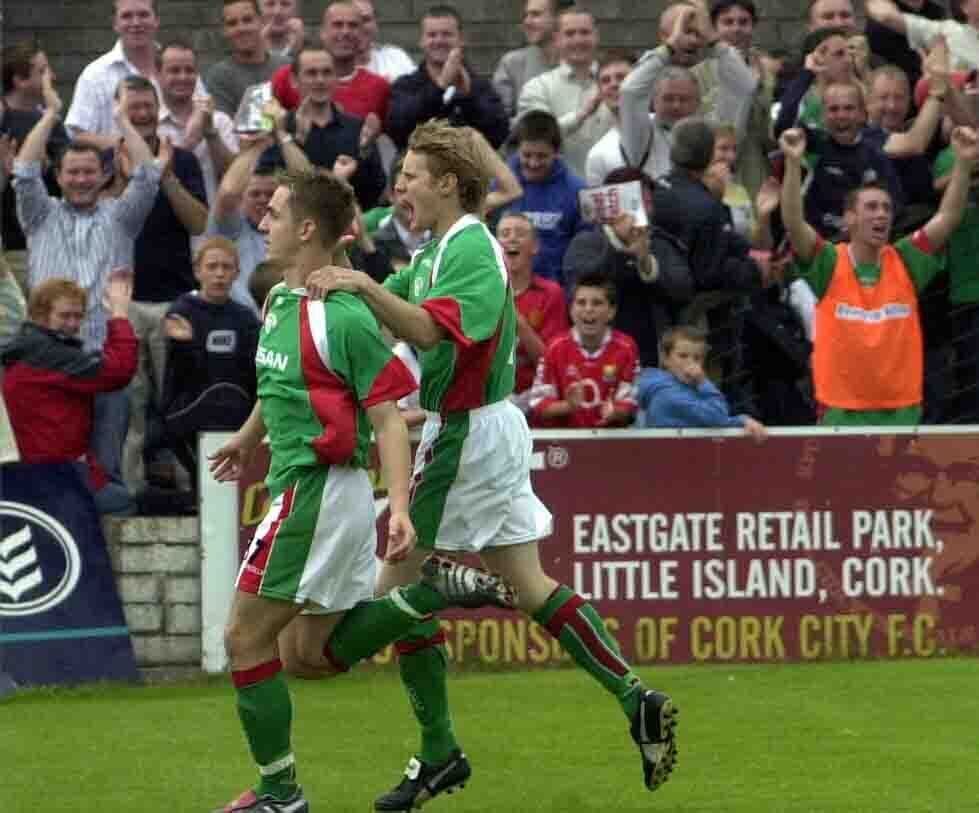 Cork City's Kevin Doyle celebrates with Colin O'Brien after scoring a goal against FC Nantes. Picture: Gavin Browne