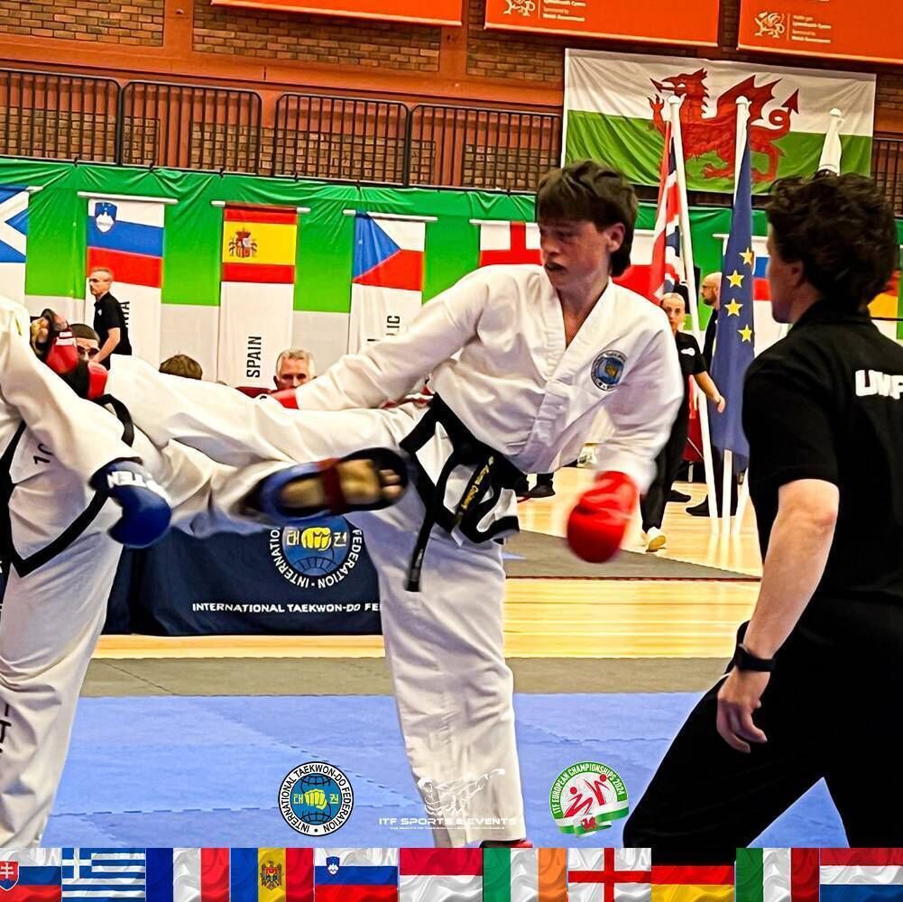 Aaron Colbert in action at the Taekwondo European Championships.