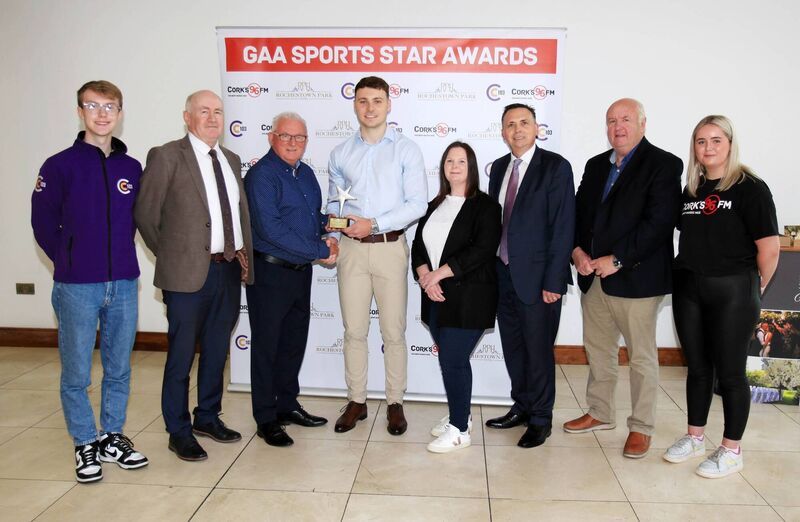 Cork footballer Daniel O'Mahony collecting his Cork 96FM/C103 GAA Sports Star of the Month award from Finbarr McCarthy at the Rochestown Park Hotel. Picture: Tony O'Connell