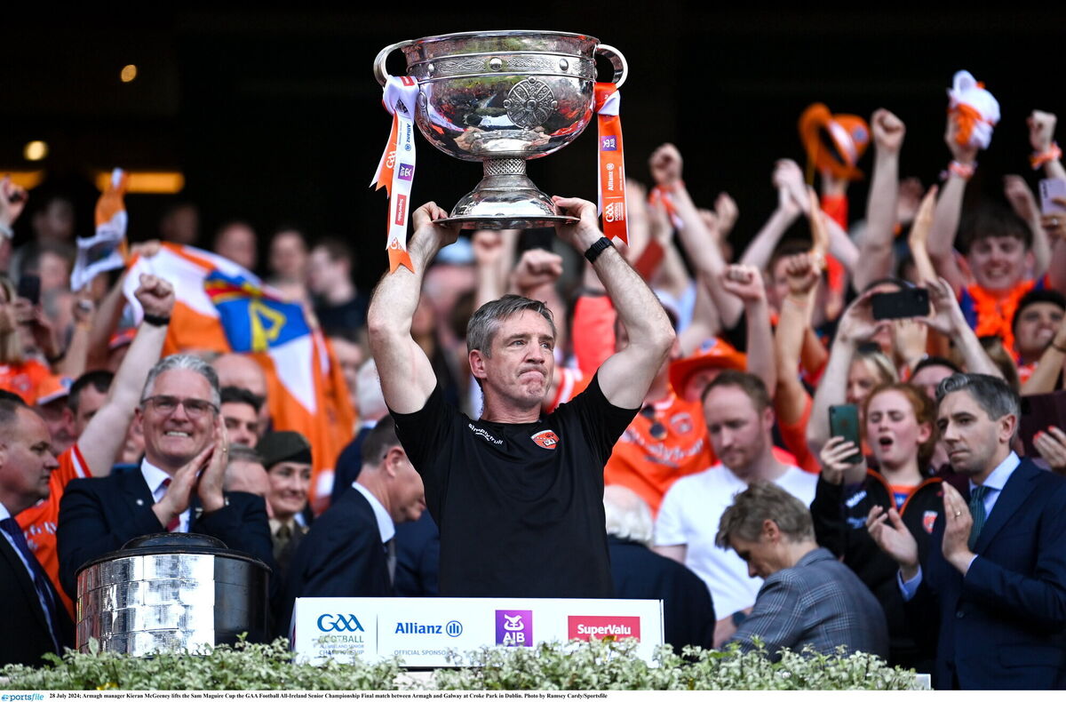 Armagh manager Kieran McGeeney lifts the Sam Maguire. Picture: Ramsey Cardy/Sportsfile