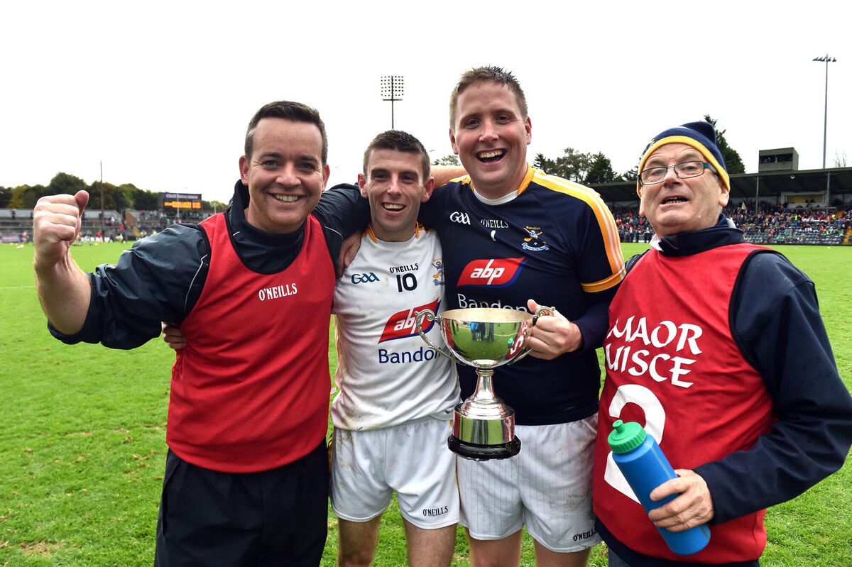 Bandon manager Colm Aherne with Eoghan O'Donovan, Pat Prendergast and Teddy Buckley after Bandon won the IFC title in 2016. Picture: Eddie O'Hare