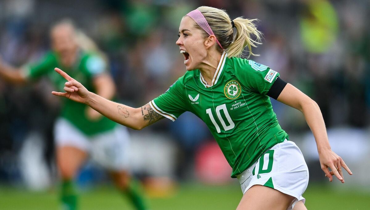 Denise O'Sullivan of Republic of Ireland celebrates after scoring her side's first goal during the 2025 UEFA Women's European Championship qualifying group A match between Republic of Ireland and France at Páirc Uí Chaoimh in Cork. Photo by David Fitzgerald/Sportsfile