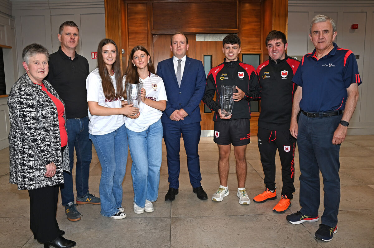Kevin Harris, (centre) deputy general manager, Clayton Hotel, Silversprings, main sponsors, with Bishopstown ladies footballers and Charleville hurlers national Féile winners, the joint winners of the Rebel Óg award for June, from left: Marian Crowley, chairperson Cork ladies football; John Lynch, Síle Óg Walsh and Ciara Bohan, Bishopstown, and Shane Lynch and Mark Kavanagh, Charleville, and Michael O’Mahony, chairman Rebel Óg. 	Picture: Eddie O’Hare