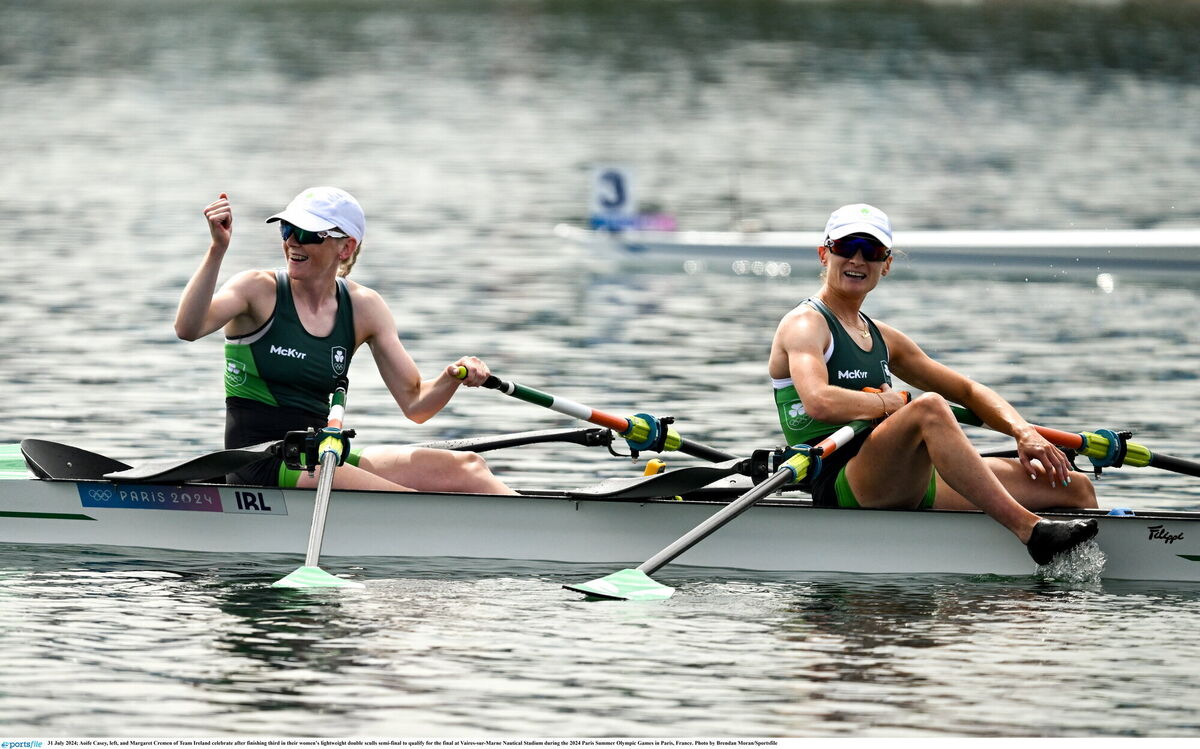 Aoife Casey, left, and Margaret Cremen of Team Ireland celebrate after finishing third in their women’s lightweight double sculls semi-final to qualify for the final at Vaires-sur-Marne Nautical Stadium during the 2024 Paris Summer Olympic Games in Paris, France. Photo by Brendan Moran/Sportsfile Aoife Casey, left, and Margaret Cremen of Team Ireland celebrate after finishing third in their women’s lightweight double sculls semi-final to qualify for the final at Vaires-sur-Marne Nautical Stadium during the 2024 Paris Summer Olympic Games in Paris, France. Photo by Brendan Moran/Sportsfile