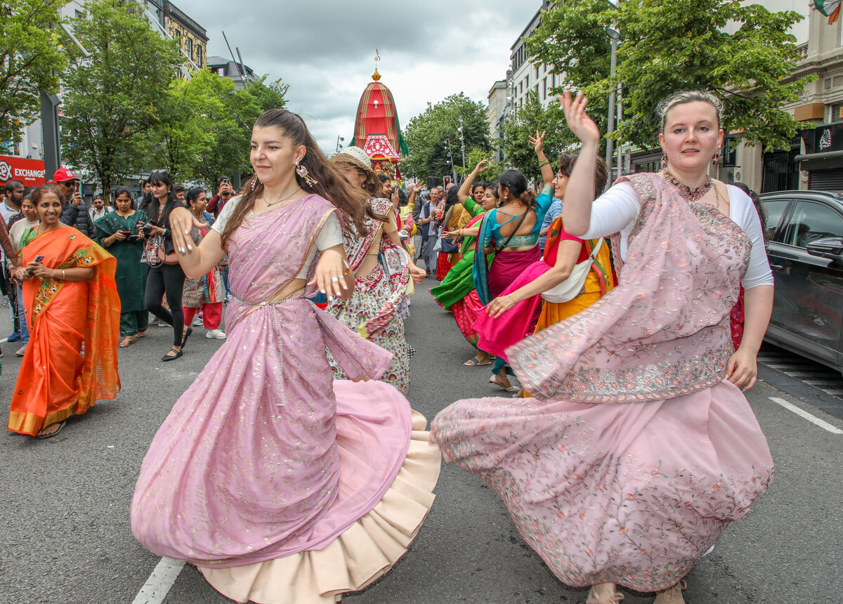Dancers lead the procession at the Ratha Yatra festival which took place in Cork City. - Picture: David Creedon