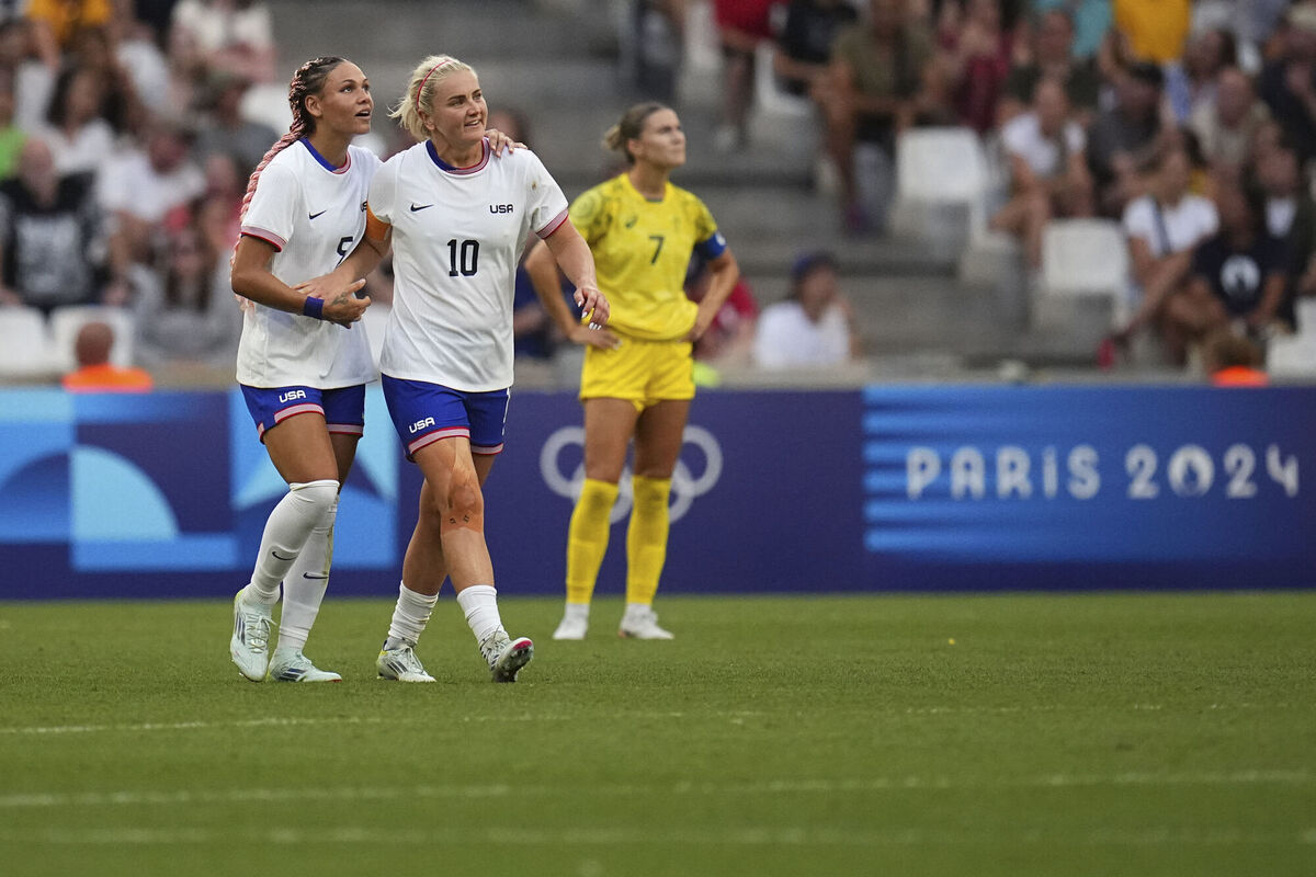 United States' Trinity Rodman, left, celebrates with Lindsey Horan after scoring her side's opening goal during a women's Group B match against Australia at the Marseille Stadium. Picture: AP Photo/Daniel Cole United States' Trinity Rodman, left, celebrates with Lindsey Horan after scoring her side's opening goal during a women's Group B match against Australia at the Marseille Stadium. Picture: AP Photo/Daniel Cole