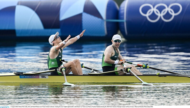 Fintan McCarthy, left, and Paul O'Donovan of Team Ireland celebrate winning the men's lightweight double sculls finals A at Vaires-sur-Marne Nautical Stadium during the 2024 Paris Summer Olympic Games in Paris, France. Photo by Brendan Moran/Sportsfile