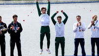 Paul O’Donovan and Fintan McCarthy celebrate during the medal ceremony 2/8/2024