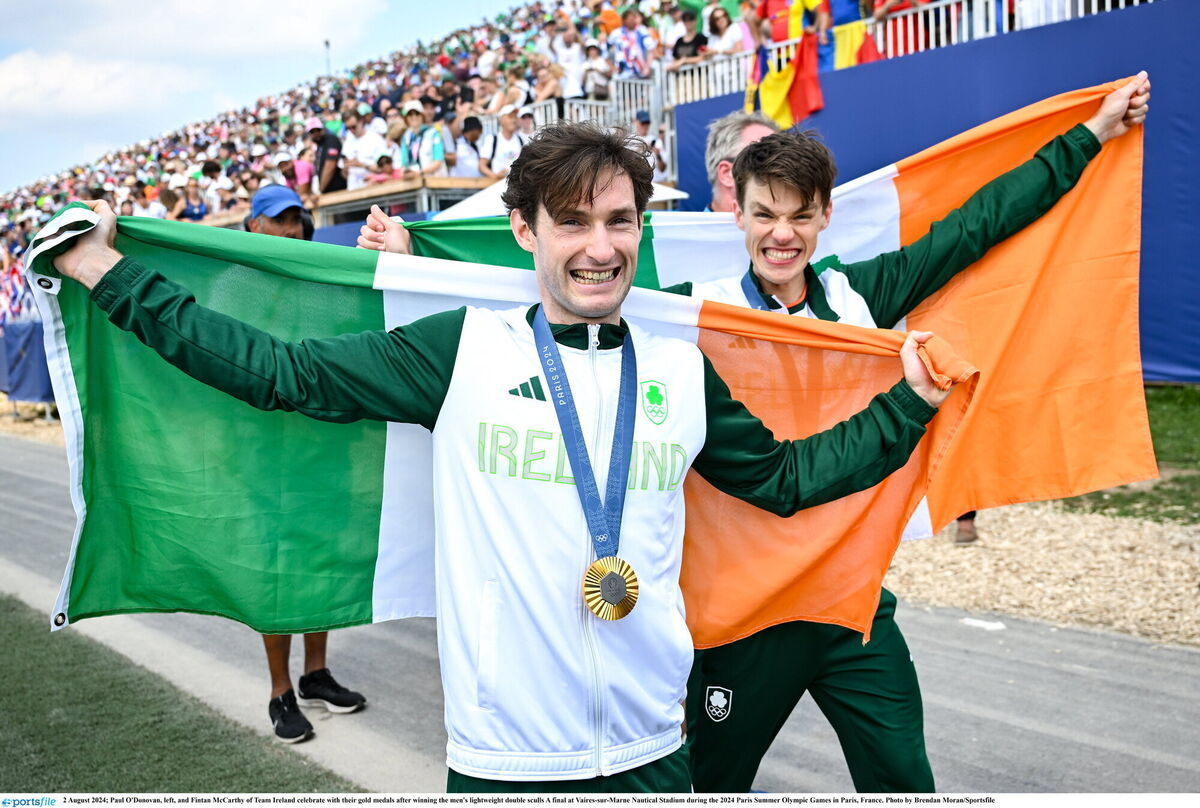 Paul O'Donovan and Fintan McCarthy of Team Ireland celebrate with their gold medals. Picture: Brendan Moran/Sportsfile Paul O'Donovan and Fintan McCarthy of Team Ireland celebrate with their gold medals. Picture: Brendan Moran/Sportsfile