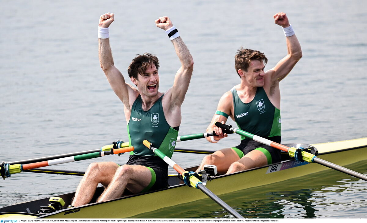 Paul O'Donovan and Fintan McCarthy of Team Ireland after winning the men's lightweight double sculls finals A at Vaires-sur-Marne Nautical Stadium. Picture: David Fitzgerald/Sportsfile Paul O'Donovan and Fintan McCarthy of Team Ireland after winning the men's lightweight double sculls finals A at Vaires-sur-Marne Nautical Stadium. Picture: David Fitzgerald/Sportsfile