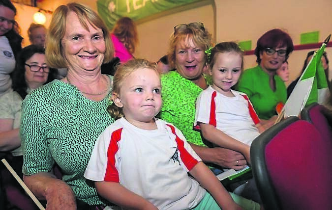 Paul O'Donovan's relations Phil Hurley, Regina Coombs, Una Raggett with young Sarah and Hannah Hurley watching Paul O’Donovan and Fintan McCarthy win gold in the lightweight men’s double sculls Olympic final at the Town Hall, Skibbereen, Cork. Picture Dan Linehan
