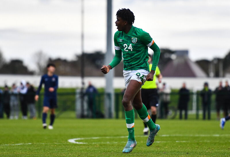 Jaden Umeh of Republic of Ireland celebrates after scoring his side's third goal during the International friendly match between Republic of Ireland U15's and Australia U16's at the FAI National Training Centre in Dublin. Photo by Ben McShane/Sportsfile