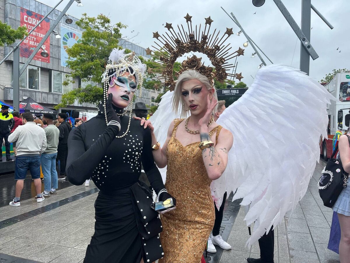 Pictured (L-R) are Cork Drag Queens Liam Bee and Lucina Schynning at Cork Pride 2024.