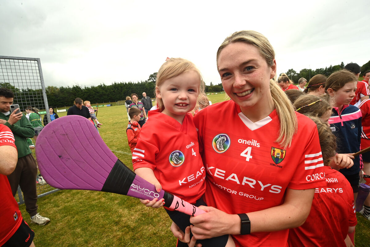  2yo Lauren McCarthy wearing a no 4 jersey to match her aunt, Emma Flanagan at Aghabullogue GAA Club at Coachford, during the meet and greet session with the Cork intermediate camogie team on Saturday August 3.rd 2024. Pic Larry Cummins