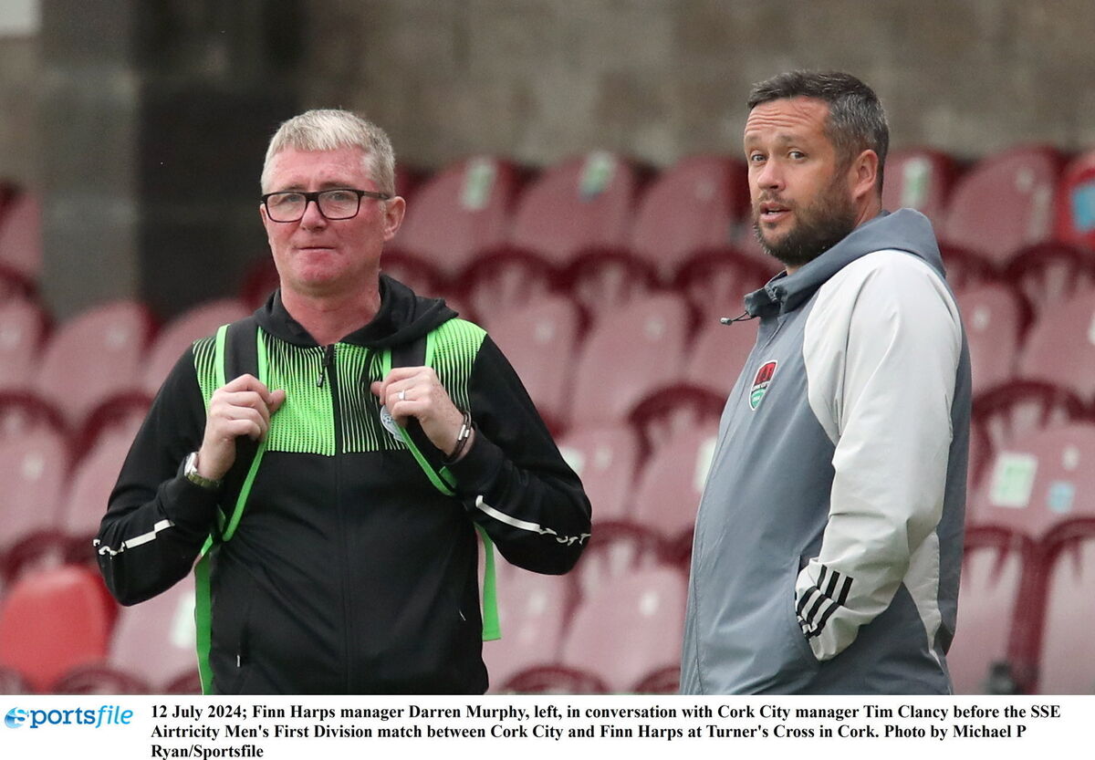 Finn Harps manager Darren Murphy, left, in conversation with Cork City manager Tim Clancy. Picture: Michael P Ryan/Sportsfile