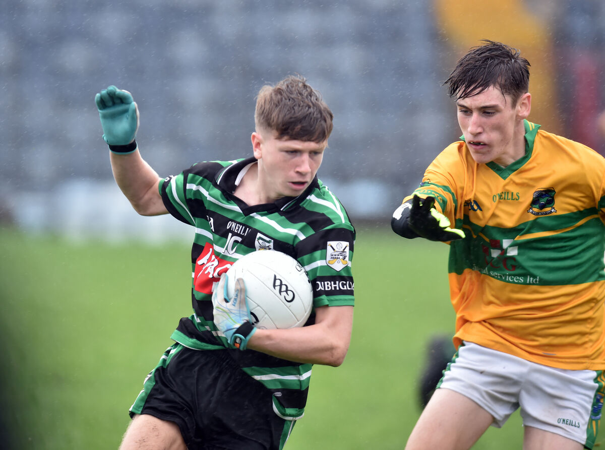 Douglas' Alan O'Hare breaks from Glanmire's Darragh Murray during the Rebel Óg Premier 1 U16 FC final in 2018. Murray is a key player on the Glanmire intermediate team. Picture: Eddie O'Hare
