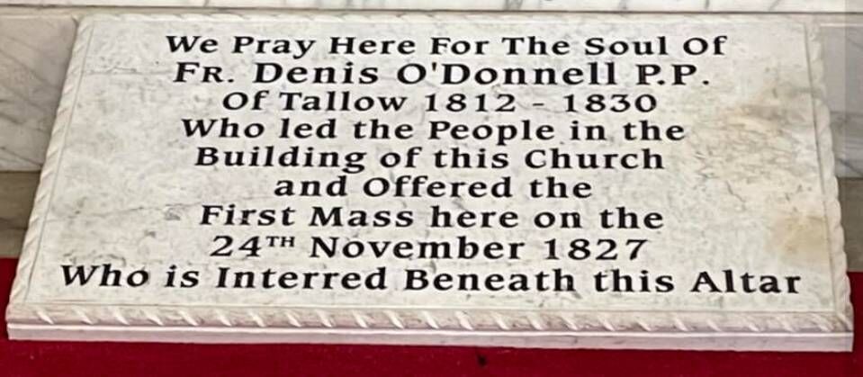 A plaque in honour of Fr Denis O’Donnell at Tallow Church