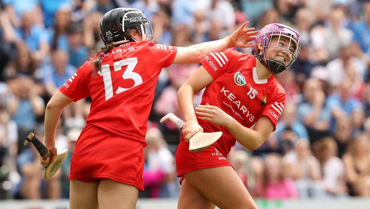 Cork's Orlaith Cahalane celebrates scoring a goal with Amy O’Connor during the Glen Dimplex All-Ireland Senior Camogie Championship semi-final. Both start in the final on Sunday. Picture: INPHO/Bryan Keane