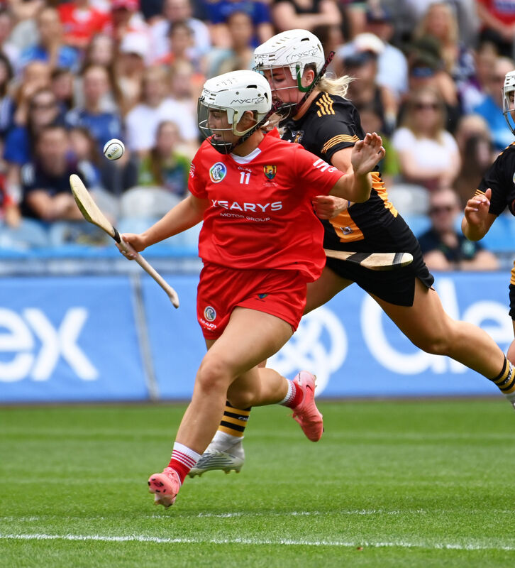 Cork's Lauren Homan breaks from Kilkenny's Hannah Scott during the Glen Dimplex All-Ireland Intermediate Camogie final at Croke Park.    Picture: Eddie O'Hare