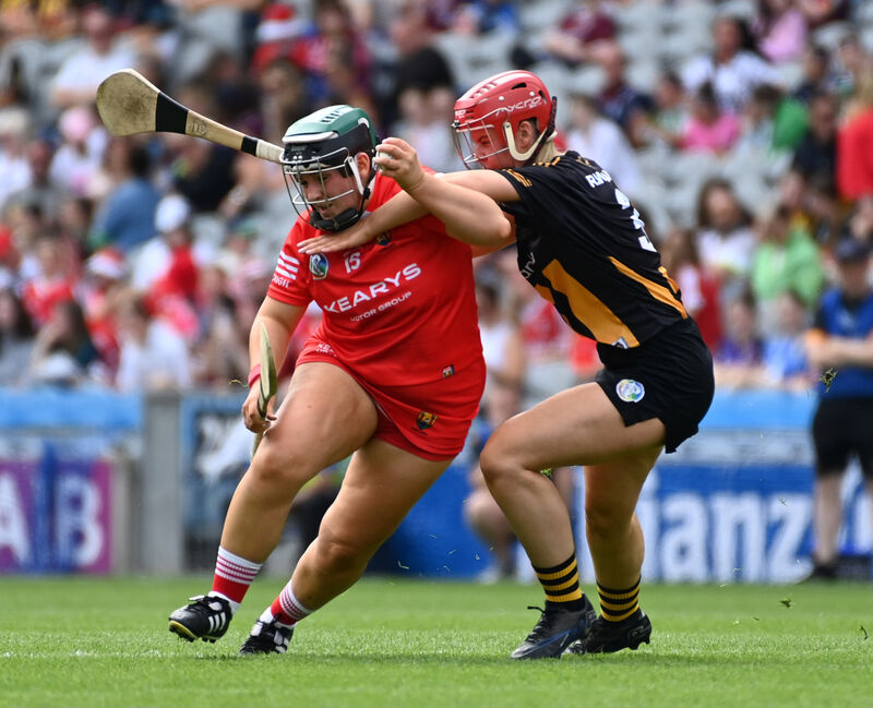 Cork's Cliona Dooley is tackled by Kilkenny's Rachel Whelan at Croke Park. Picture: Eddie O'Hare