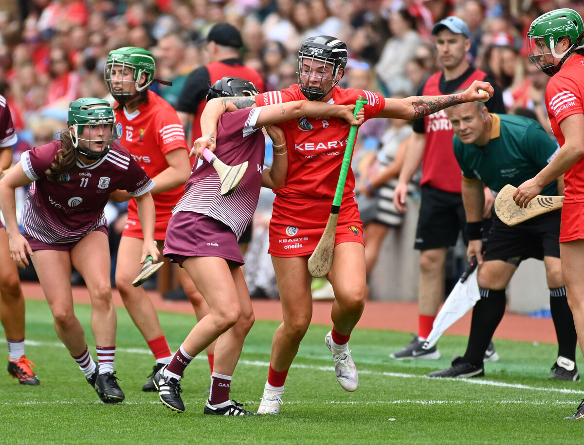 Cork's Ashling Thompson is tackled by Galway's Aoife Donoghue during the Glen Dimplex All-Ireland camogie final at Croke Park. Picture: Eddie O'Hare Cork's Ashling Thompson is tackled by Galway's Aoife Donoghue during the Glen Dimplex All-Ireland camogie final at Croke Park. Picture: Eddie O'Hare