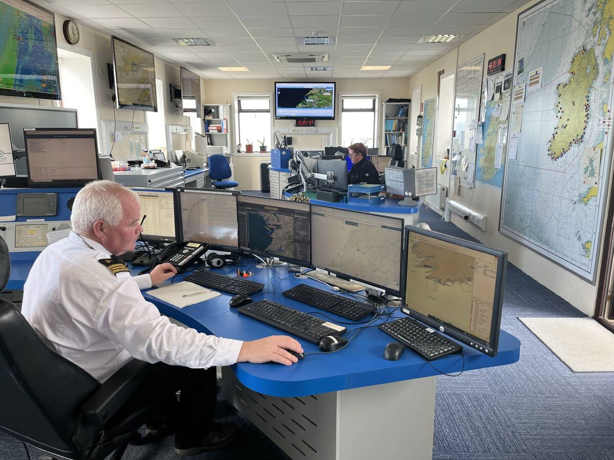 Station officer Denis O'Leary working inside the watch room at the Valentia Coast Guard Station. 