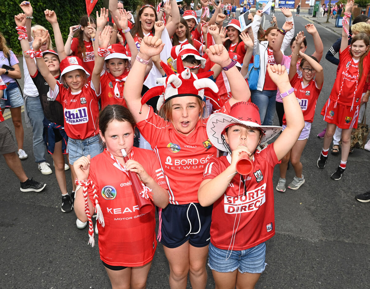 Cork fans Sienna Kinsalla, Roisin Cummins and Edel Sheehan from Sliabh Rua at the Glen Dimplex All-Ireland camogie finals at Croke Park Picture: Eddie O'Hare. Cork fans Sienna Kinsalla, Roisin Cummins and Edel Sheehan from Sliabh Rua at the Glen Dimplex All-Ireland camogie finals at Croke Park Picture: Eddie O'Hare.