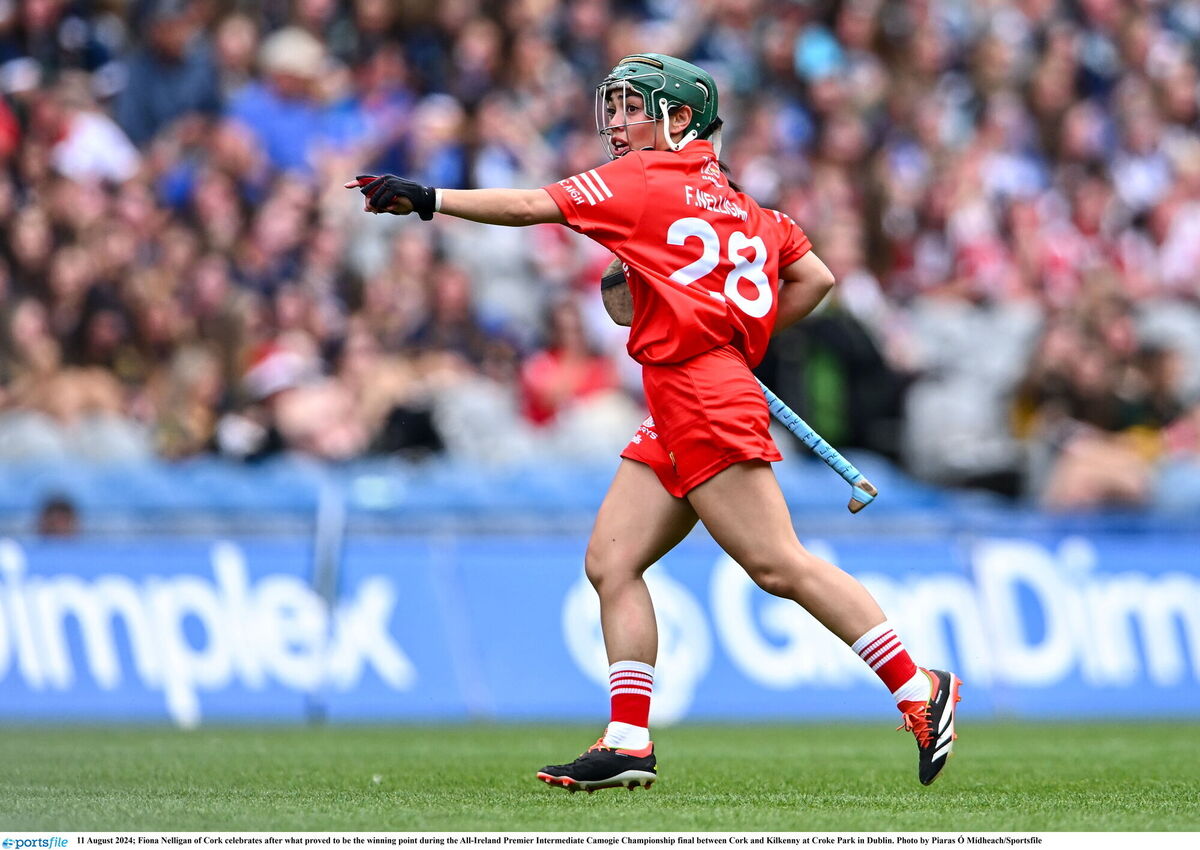 Fiona Nelligan of Cork celebrates after what proved to be the winning point during the All-Ireland Intermediate Camogie Championship final  at Croke Park. Picture: Piaras Ó Mídheach/Sportsfile