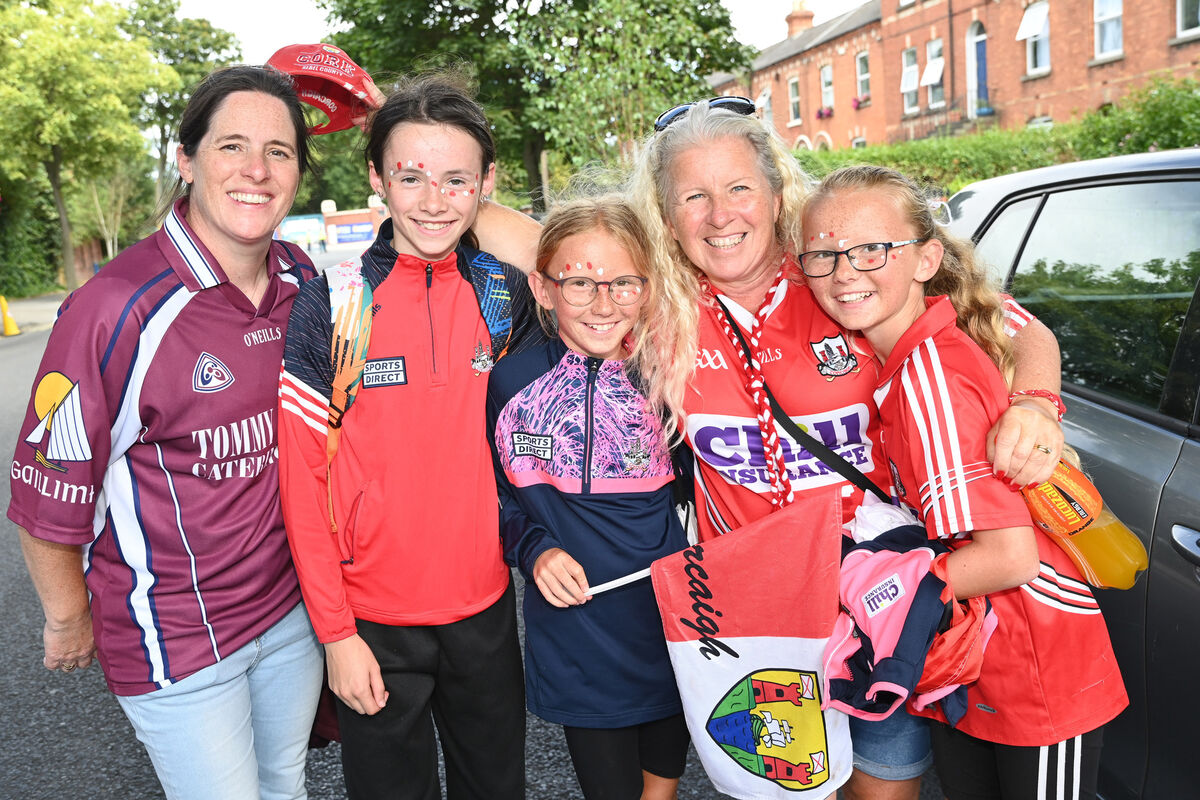 Grainne and Kate Houghton, supporting Galway with Cork fans Claire, Ciara and Sarah O'Flynn, Carrigaline. Picture: Eddie O'Hare