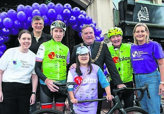 Claire Wright, Compliance and Operations Officer, Down Syndrome Ireland, Jim Connolly of U-blox Cork, cycling legend Sean Kelly, Emily Manning from Ballyphehane, Lord Mayor of Cork Cllr. Dan Boyle, Tour de Munster founder and organiser, Paul Sheridan, and Tara Cassely, Chairperson of DSI Cork Branch, at the start of the 24th annual Tour de Munster, in aid of Down Syndrome Ireland (DSI) Munster branches.